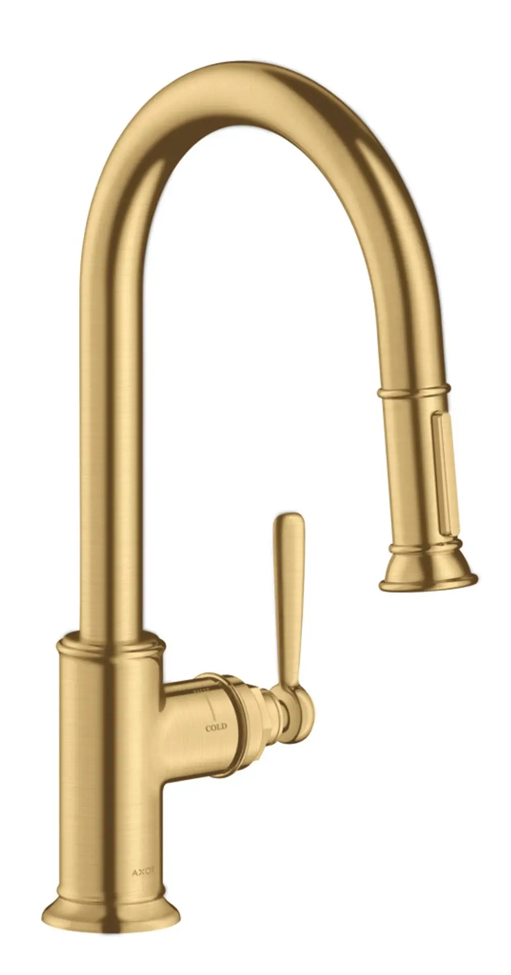 Küchenmischer mit Hochauslauf und Ausziehbrause in Brushed Gold Optic, gefertigt von AXOR. Einhebel-Design für die Bedienung.